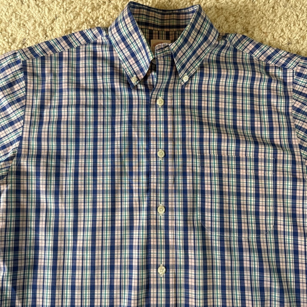 Brooks Brothers‎ Mens Polo Button Front Short Sleeve Pink/Blue Plaid Shirt S
